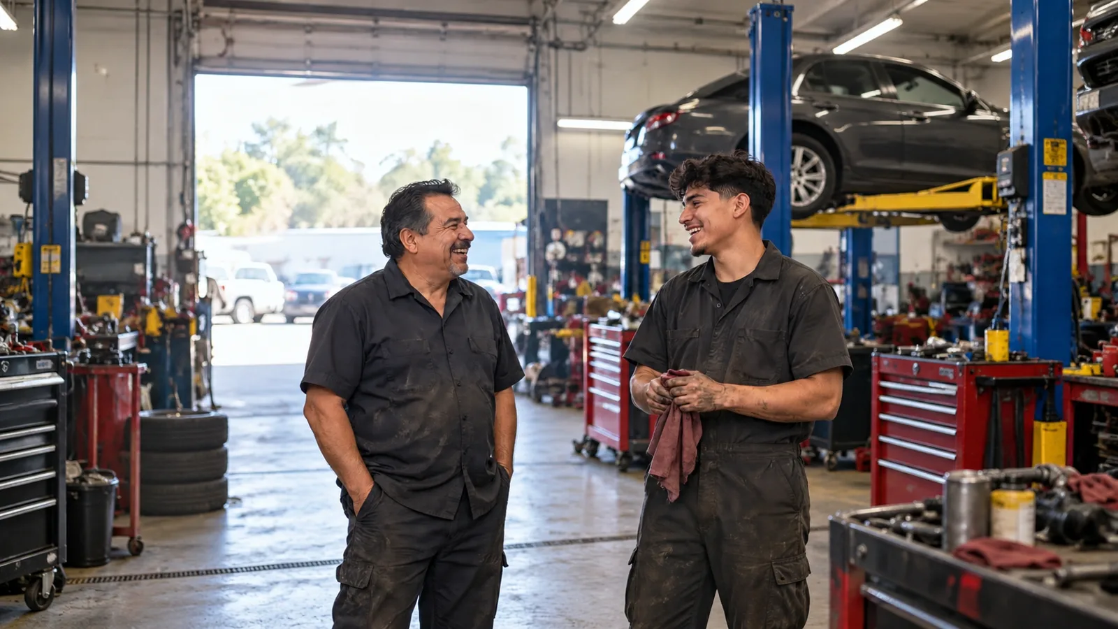 Dueño de un taller mecánico conversando con su empleado en el taller, un negocio que debe estar listo para la auditoría de workers comp